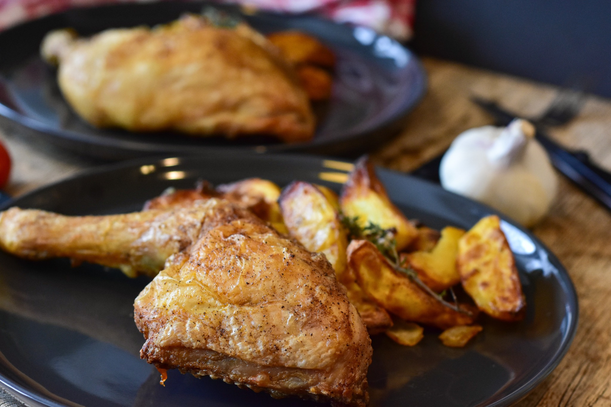 Crisp-skin roast chicken with golden potatoes